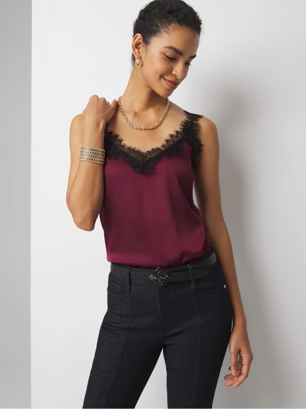 White House Black Market Burgundy Satin Cami with Black Lace Trim Medium